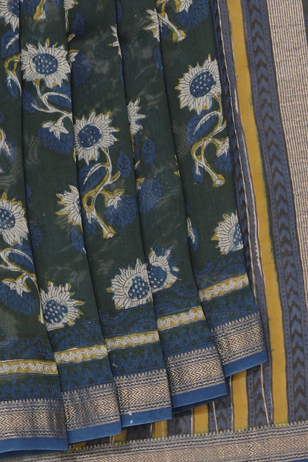 Image of Bottle Green Hand Block printed Bagru Chanderi Saree